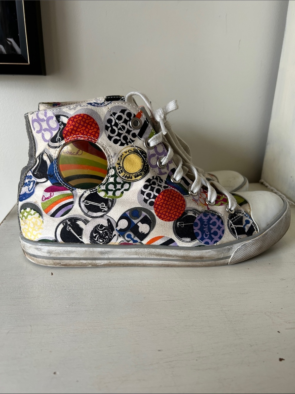 Coach Poppy Cardinal Multi-Logo Graffiti High Top Canvas Sneakers, size 10